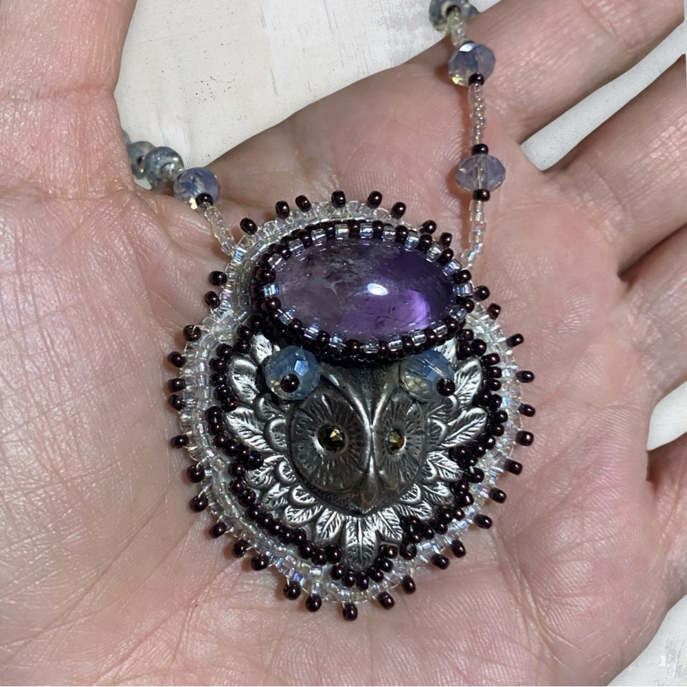 Amethyst Owl Bead Embroidered Crystal Necklace - Picture 5 of 13